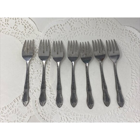Lot of 7 Oneida FENWAY Dream Glossy Stainless Salad Forks Wm A Rogers Vintage - Picture 4 of 7